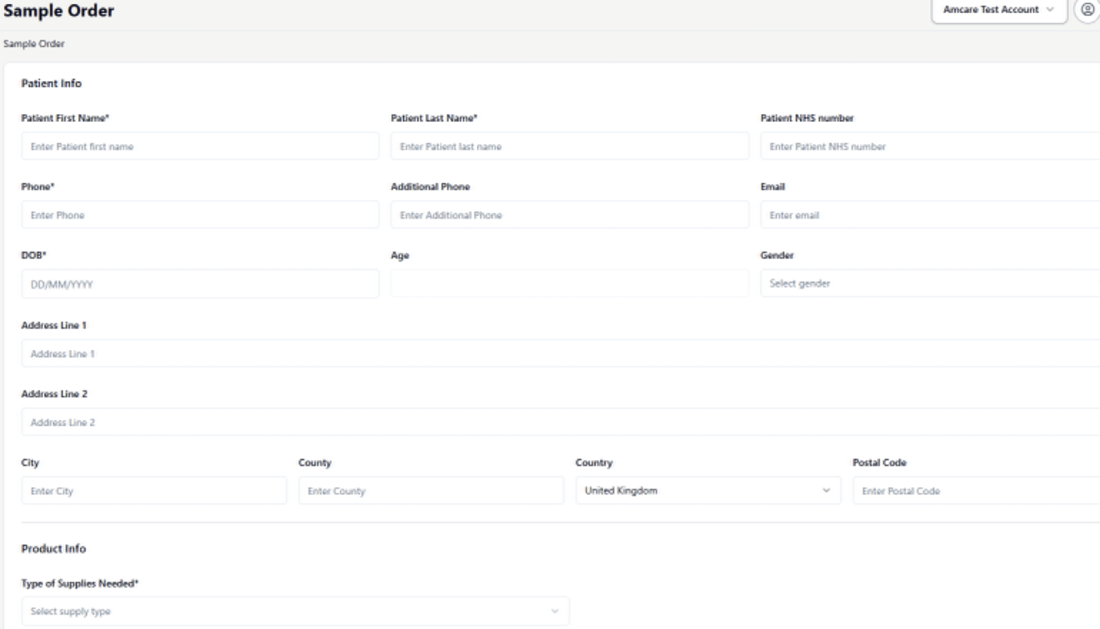 Amcare Healthcare Professional Portal Sample Order screen